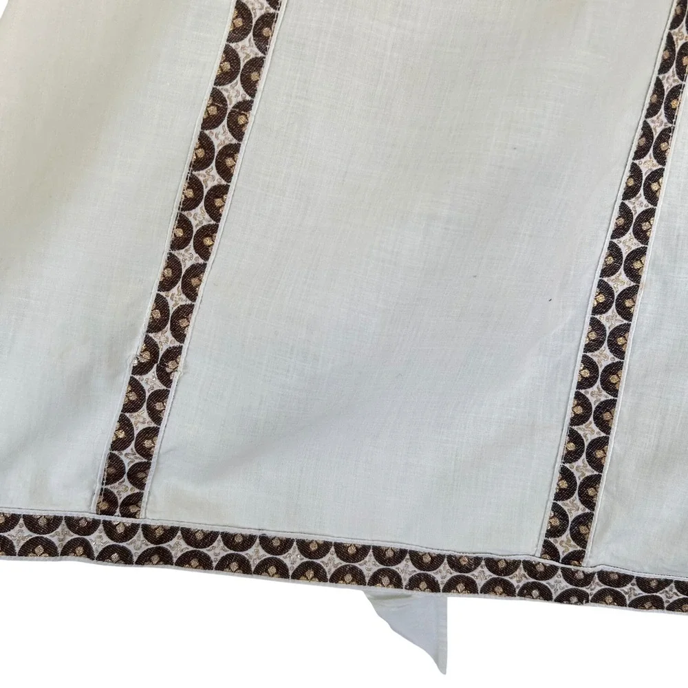 Vintage 70s Cottagecore Half Apron Women OS White Brown Gold Geometric Trim